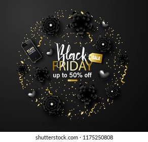 Black friday sale background with flowers, smartphone, hearts and gold serpentine. Modern design.Universal vector background for poster, banners, flyers, card.