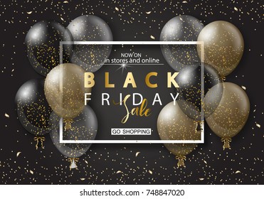 Black friday sale background with frame and transparent realistic balloons. Modern design.Universal vector background for poster, banners, flyers, card