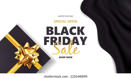 Black friday sale background with gift box and golden bow. Modern design.Universal vector background for poster, banners, flyers, card
