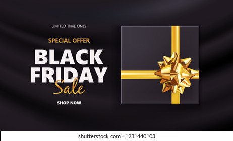 Black friday sale background with gift box and golden bow. Modern design.Universal vector background for poster, banners, flyers, card
