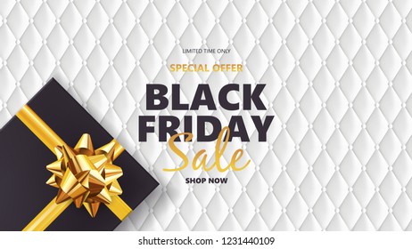 Black friday sale background with gift box and golden bow. Modern design.Universal vector background for poster, banners, flyers, card
