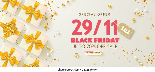 Black friday sale background with gift boxes and serpentine. Modern design.Universal vector background for poster, banners, flyers, card