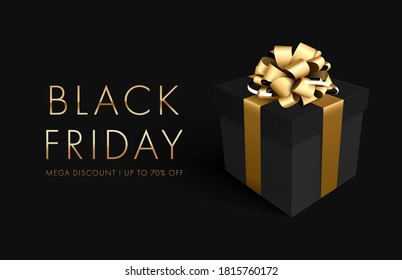 Black friday sale background with gift box. Banner, poster, golden text color on dark background for poster, banners, flyers, card