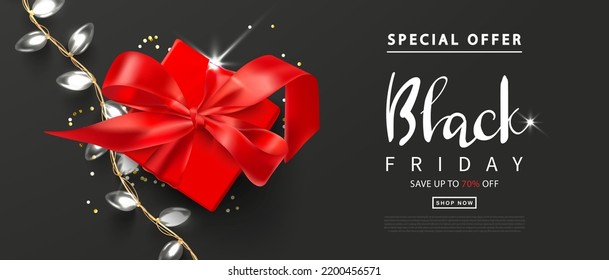 Black friday sale background with gift box,garland and golden confetti. Modern 3D design.Universal vector background for poster, banners, flyers, card.