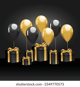 Black Friday sale background with gift box and balloons vector design, black friday offer background gold and black color design vector