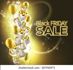 Black Friday Sale background with gift wrapped presents and balloons and Black Friday SALE neon text