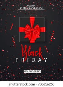 Black friday sale background with gift box and confetti. Modern design.Universal vector background for poster, banners, flyers, card.