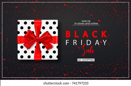 Black friday sale background with gift box and confetti. Modern design.Universal vector background for poster, banners, flyers, card