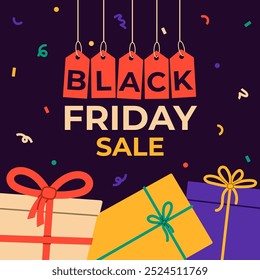 Black Friday sale background with gifts. Template for poster, banner and brochure, print, flyer. Vector illustration