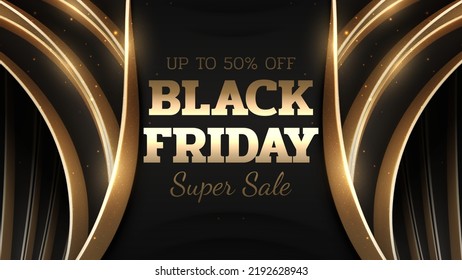 Black friday sale background with glitter light effects elements and gold curve line decoration. Luxury style banner design concept.