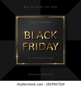 Black Friday sale background with gold lettering. Commercial discount event banner. Vector illustration.