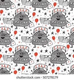 Black Friday Sale background. Hand Drawn Doodle Cute Joyful Monster with shopping bags and paper banner. Vector Seamless pattern