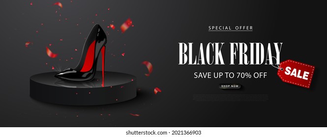 Black friday sale background with Black high-heeled shoe and flying serpentine. Modern 3D design.Universal vector background for poster, banners, flyers, card.