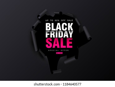 Black Friday sale background. Hole in black paper. Big Sale, black friday, creative template. Vector illustration.