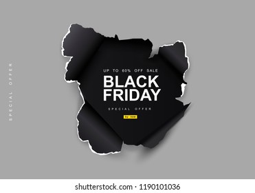 Black Friday sale background. Hole in gray paper. Big Sale, black friday, creative template. Vector illustration.