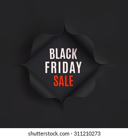 Black Friday sale background. Hole in black paper. Vector illustration.