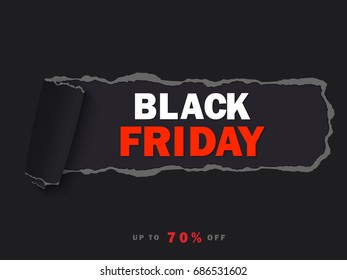 Black Friday sale background. Hole in black paper. Black Friday banner. Up to 70 percent off. Special offer. Vector illustration EPS10