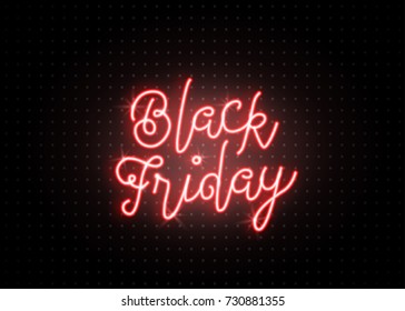 Black friday sale background. Luminous light red line text lettering sign on dark dots backdrop. Glow effect. Vector illustration