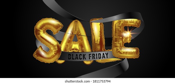 Black Friday sale background with metal balloons on a dark background. Shiny gold letters sale intersect with a black ribbon.Modern design.Universal vector background for posters, banners, flyers