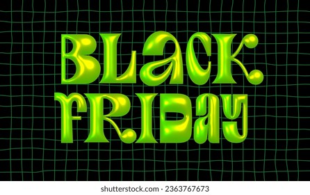 Black Friday Sale Background with Neon Colored 3d Modern Style Letters. Green Y2k Trendy Font on Black Pattern with Checkers. Vector Advertising Illustration.
