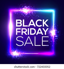 Black friday sale background. Neon holiday shopping sign with flares and sparkles. Square frame with explosion and light. Electric bright banner for Christmas sales design 3d bokeh vector illustration