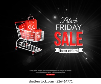 Black friday sale background with photorealistic shopping cart and place for text. Vector illustration.