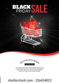 Black friday sale background with photorealistic shopping cart and place for text. Vector illustration.