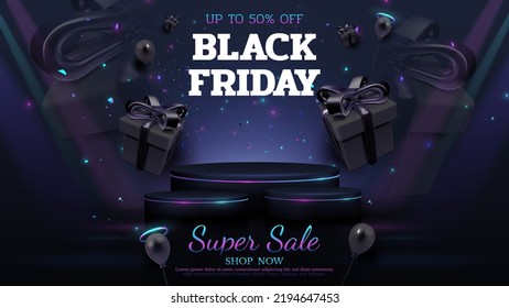 Black friday sale background and product display podium and gift box decoration   balloons   glitter light effect elements 