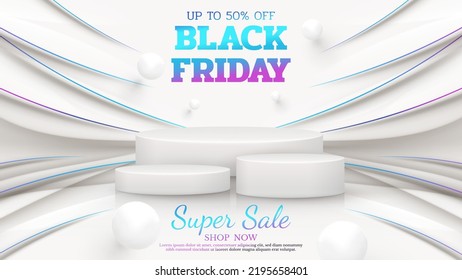 Black Friday Sale Background With Product Display Podium With Ball Decoration And Rainbow Curve Line. 3d Luxury White Banner Scene.