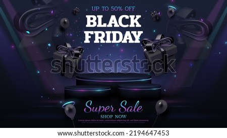 Black friday sale background with product display podium with gift box decoration and balloons and glitter light effect elements.
