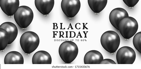 Black Friday sale. Background with black realistic balloons. Holiday banner, web poster, flyer, cover card, Festive celebrate backdrop ballons. Vector illustration