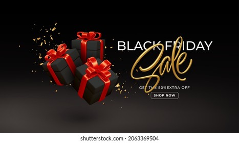 Black Friday sale background with realistic 3d black gift boxes with red bows. Gold lettering sale. Vector illustration EPS10