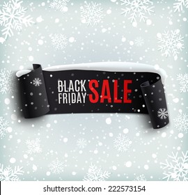 Black Friday sale background with black realistic ribbon banner and snow. Vector illustration.