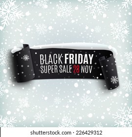 Black Friday sale background with black realistic ribbon banner and snow. Vector illustration