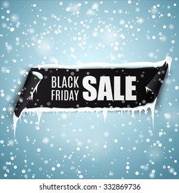 Black Friday sale background with black realistic ribbon banner, icicles and snow. Vector illustration