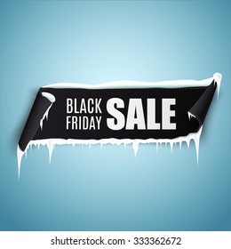 Black Friday Sale background with black realistic curved ribbon banner, icicles and snow. Vector illustration