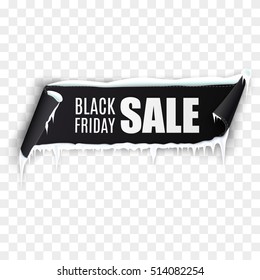 Black Friday sale background with black realistic ribbon banner, snow and icicles isolated on transparent background. Vector illustration