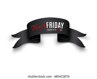 Black Friday sale background with black realistic ribbon banner, icicles and snow. Vector illustration