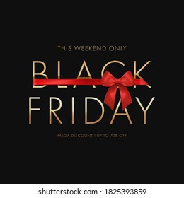Black friday sale background with red bow. Sale promo Banner or poster with gold text discount. Vector illustration