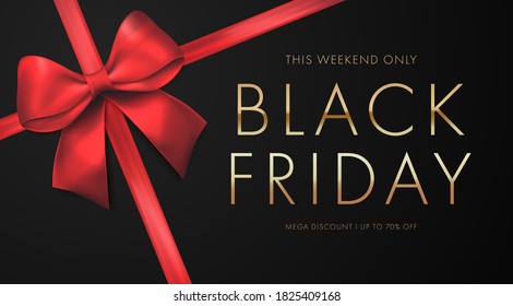 Black friday sale background with red bow. Sale promo Banner or poster with gold text discount. Vector illustration