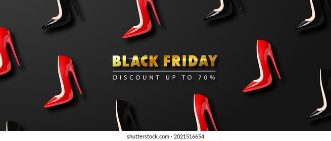 Black friday sale background with red and black shoes . Modern 3D design.Universal vector background for poster, banners, flyers, card.