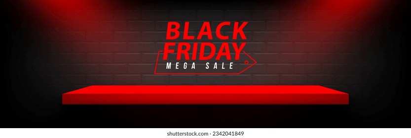 Black Friday Sale background. Red Shelf with Spotlight on brick wall background. Pedestal empty for decor for Products, Advertising, Shows, and awards. Vector illustration.
