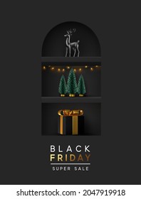 Black Friday sale. Background shelf stand realistic festive gifts box. Porcelain figurines of black deer. Xmas pine fir lush tree. Holiday 3d objects. Banner, web poster, brochure, dark flyer