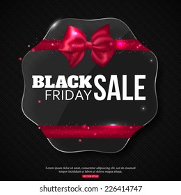 Black friday sale background with shining glass frame, photorealistic bow and place for text. Vector illustration.