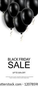 Black Friday sale background with black shiny air balloon.
Universal template for advertising poster, banners, labels, flyers, card.