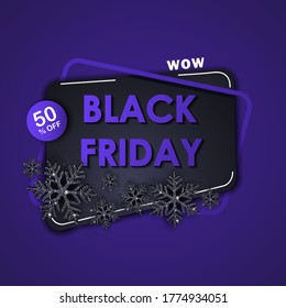 Black friday sale background with black shiny snowflakes. Vector winter illustration.