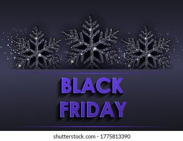 Black friday sale background with black shiny snowflakes. Vector winter illustration