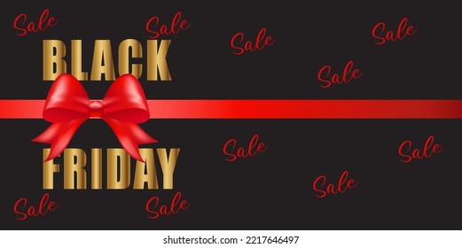 Black friday sale background with shiny red color bow. Sale promo Banner or poster with gold text. Vector illustration