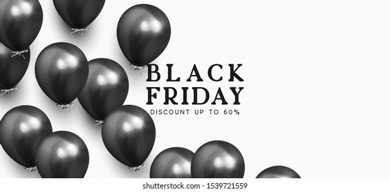 Black Friday sale. Background with black and silver balloons. Holiday banner, web poster, flyer, cover card, Festive celebrate backdrop ballons. Vector illustration