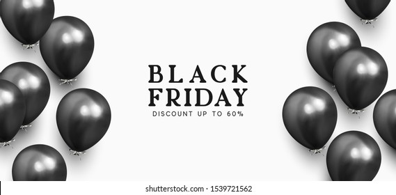 Black Friday sale. Background with black and silver balloons. Holiday banner, web poster, flyer, cover card, Festive celebrate backdrop ballons. Vector illustration